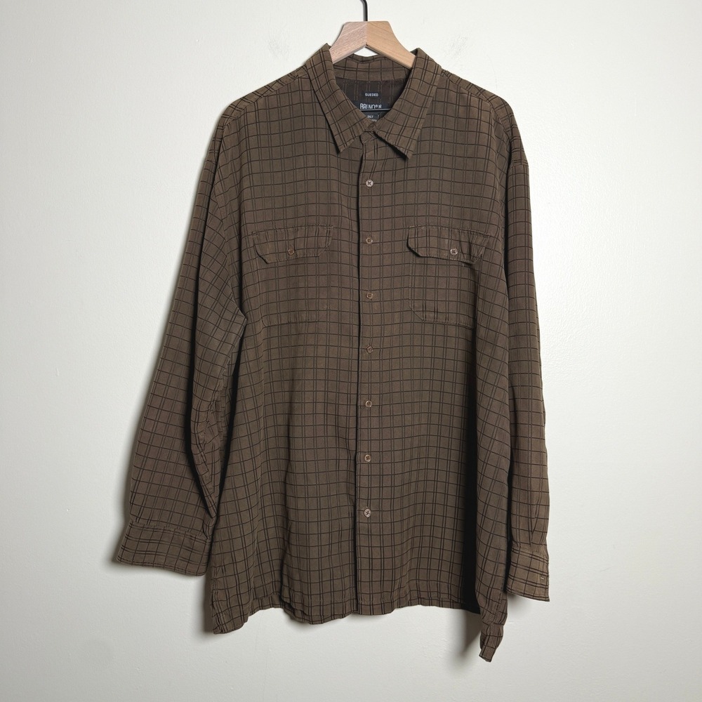 Bruno Mens Sueded‎ Brown Grid Button Up Shirt Long Sleeve 3XLT Tall Pocket 90s